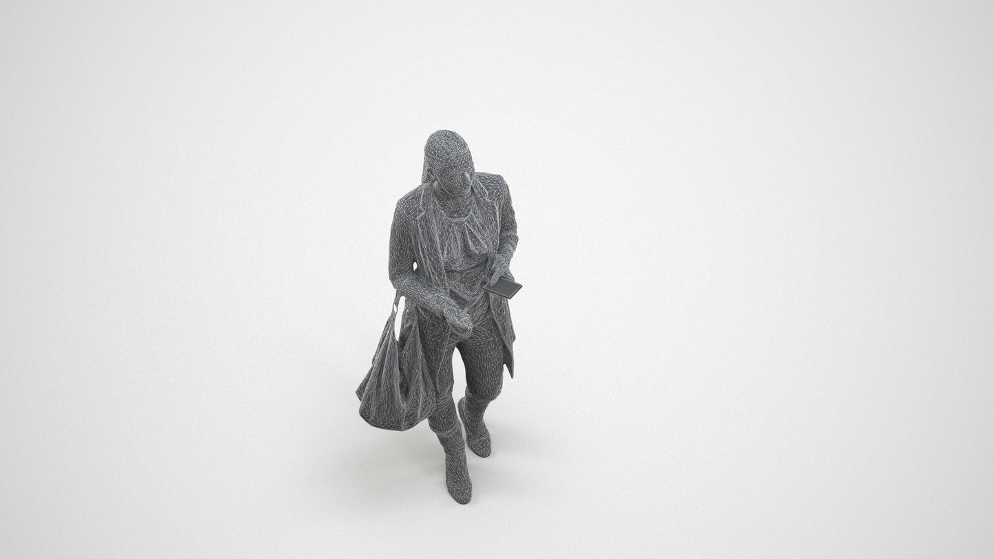 scanned 3D woman business walking, photogrammetry people for Enscape and V-Ray, wireframe three-quarter view