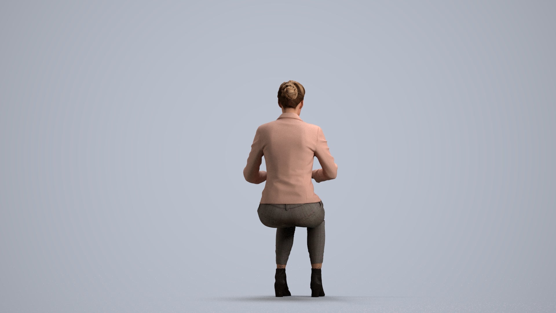3D human model woman business, photogrammetry scanned person for archviz, front view render