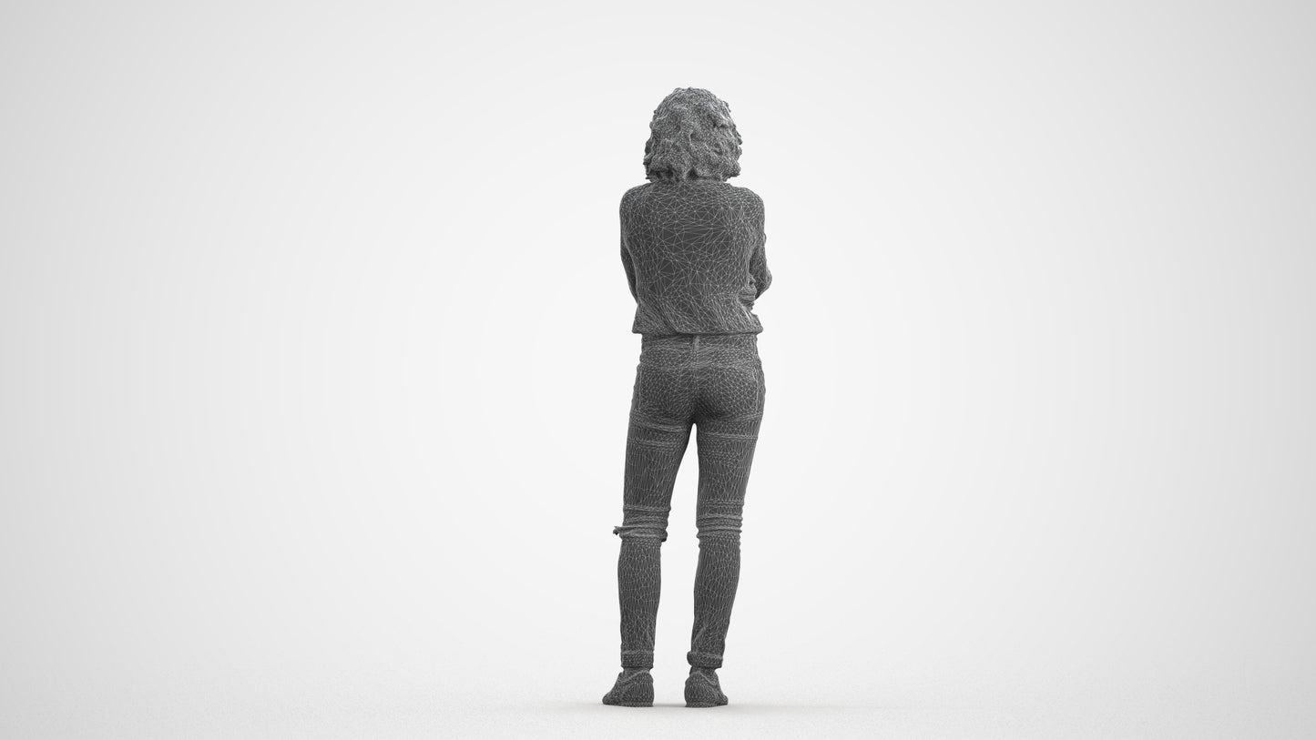 3D human model woman casual standing, photogrammetry scanned person for archviz, wireframe front view