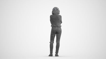 3D human model woman casual standing, photogrammetry scanned person for archviz, wireframe front view