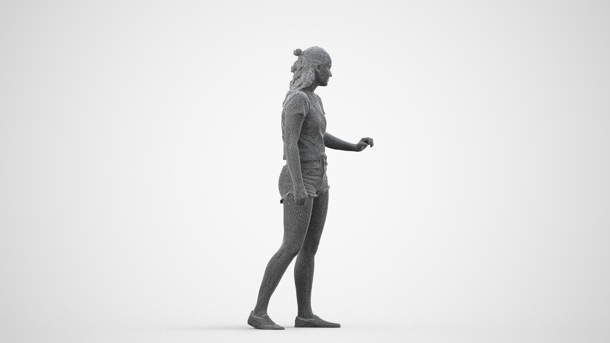 photogrammetry 3D girl casual door, realistic human model archviz FBX, wireframe side view
