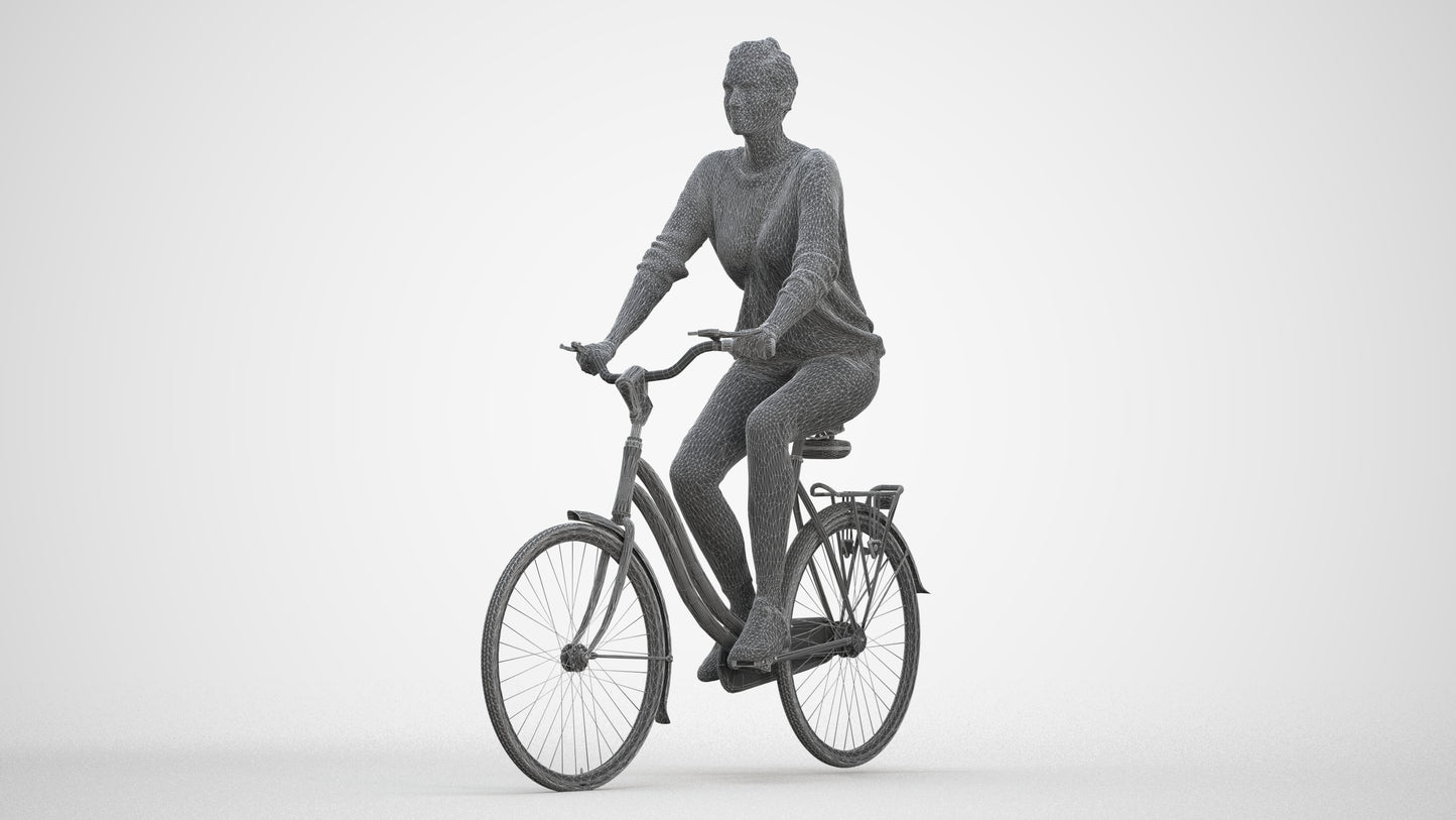 scanned 3D woman casual cycling, photogrammetry people for Enscape and V-Ray, three-quarter front view render
