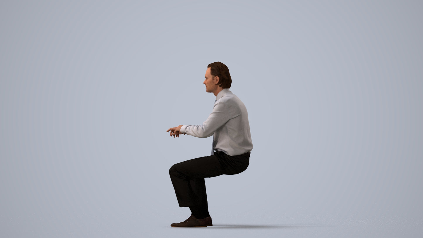 3D human model man business, photogrammetry scanned person for archviz, three-quarter view render