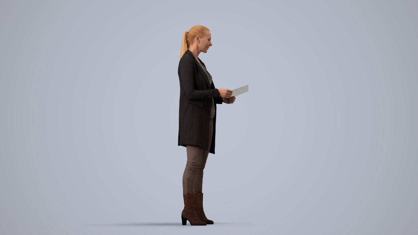 scanned 3D woman business standing, photogrammetry people for Enscape and V-Ray, side view render