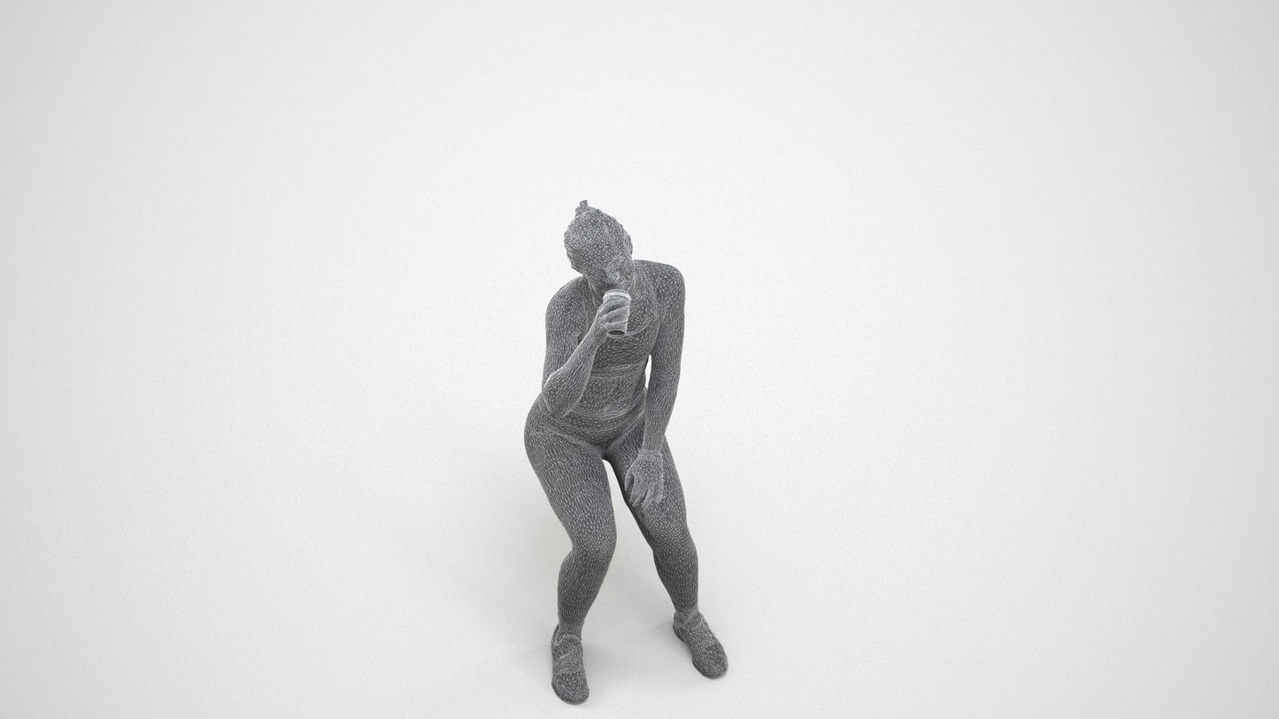 3D human model woman sport, photogrammetry scanned person for archviz, wireframe three-quarter view