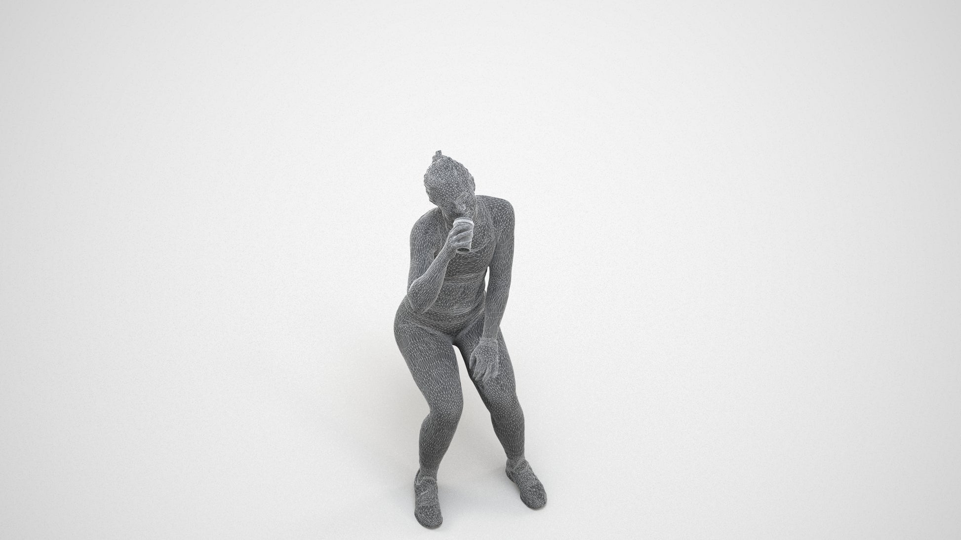 3D human model woman sport, photogrammetry scanned person for archviz, wireframe three-quarter view