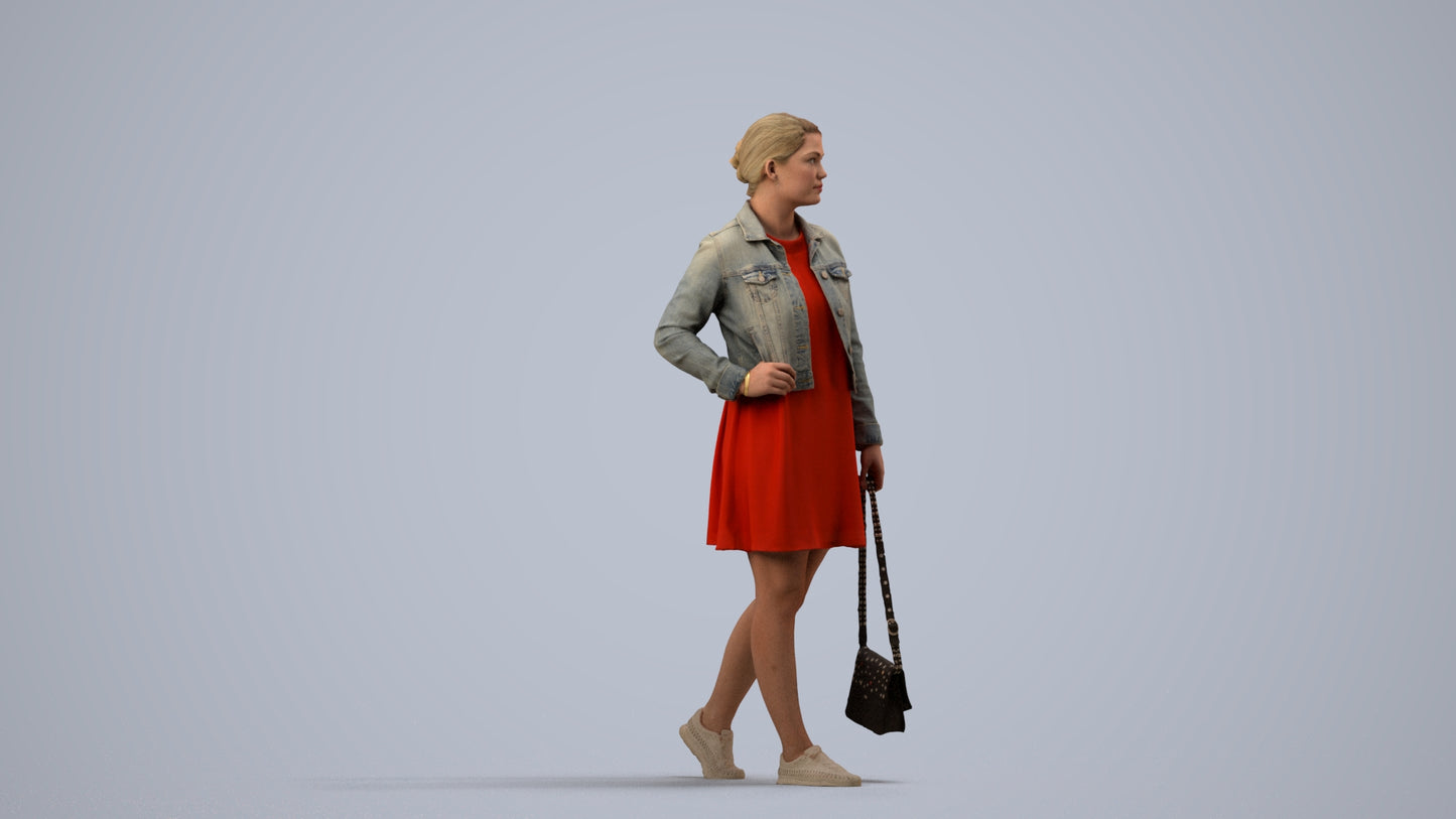 3D human model woman casual walking, photogrammetry scanned person for archviz, side view render