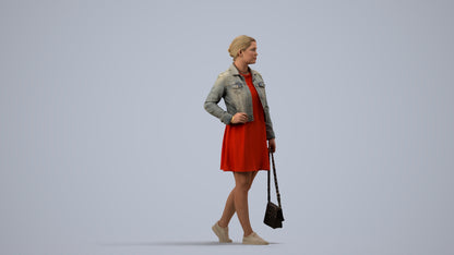 3D human model woman casual walking, photogrammetry scanned person for archviz, side view render