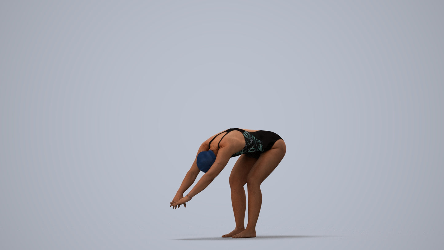 3D human model woman sport pool, photogrammetry scanned person for archviz, three-quarter view render