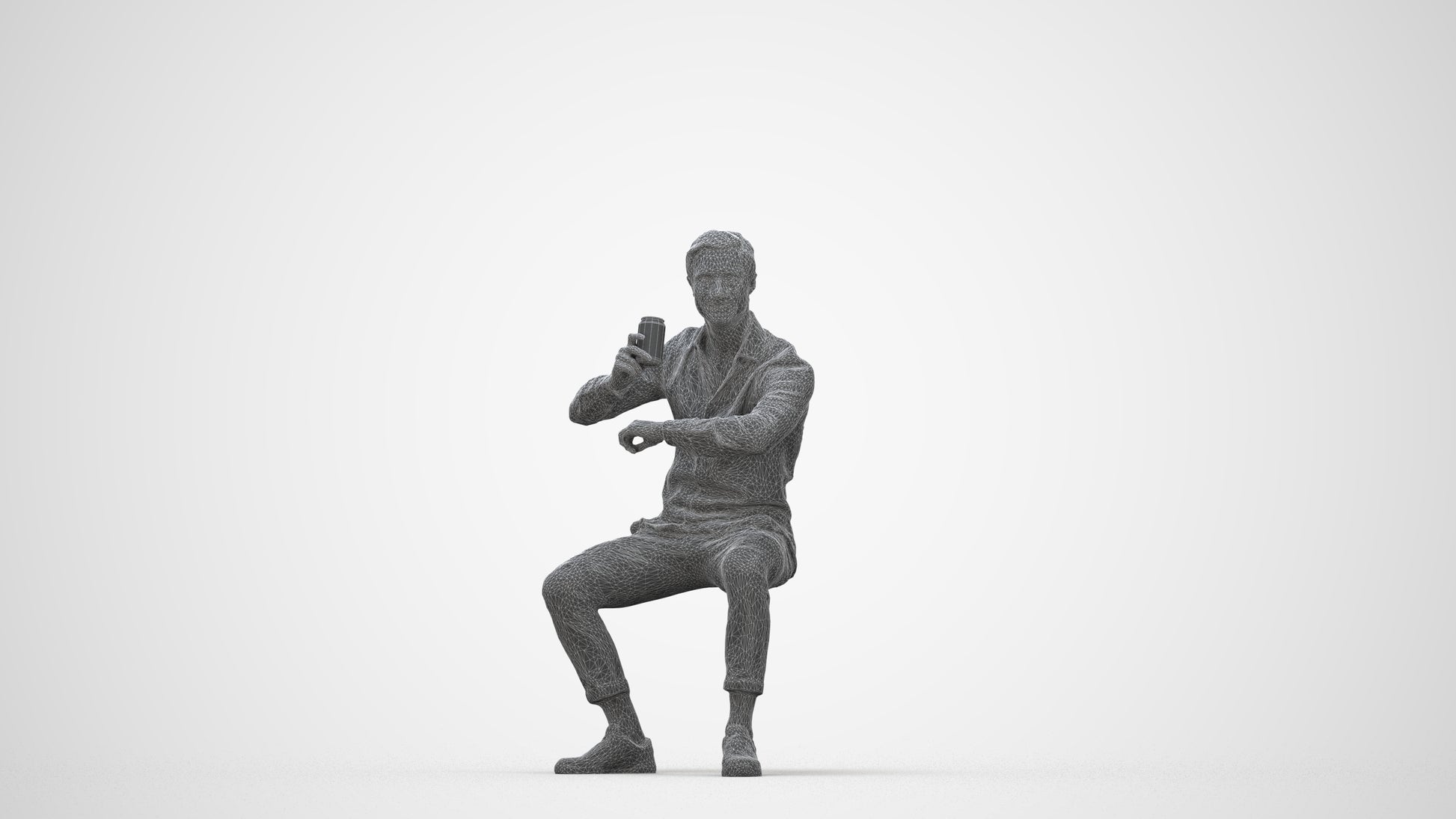 realistic 3D human man casual sitting, archviz people FBX OBJ for Blender, wireframe back view