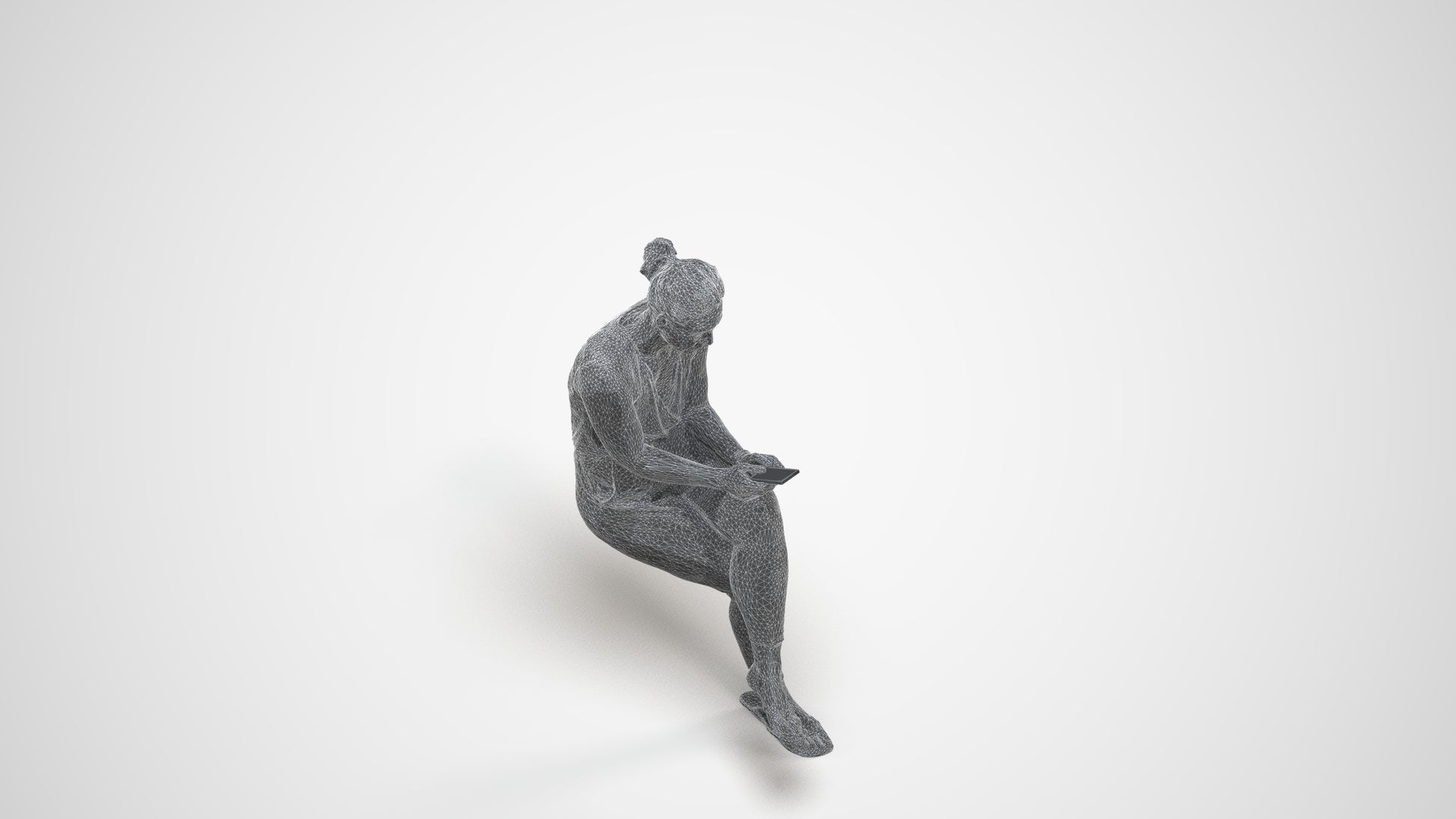 realistic 3D people woman casual sitting, render-ready for V-Ray and Corona, FBX OBJ, wireframe three-quarter view