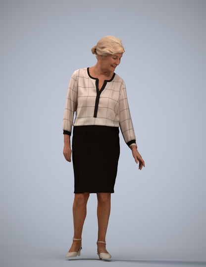 3D human model senior woman business standing, photogrammetry scanned person for archviz