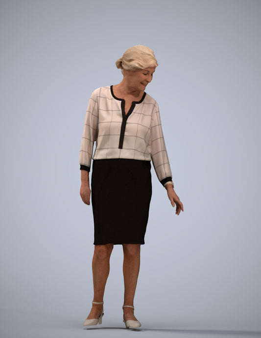 3D human model senior woman business standing, photogrammetry scanned person for archviz