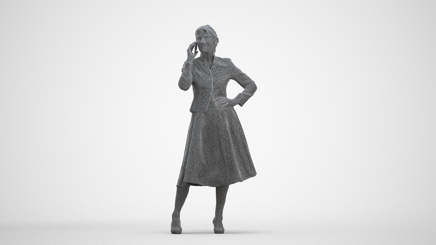 3D human model senior woman business standing, photogrammetry scanned person for archviz, three-quarter front view render