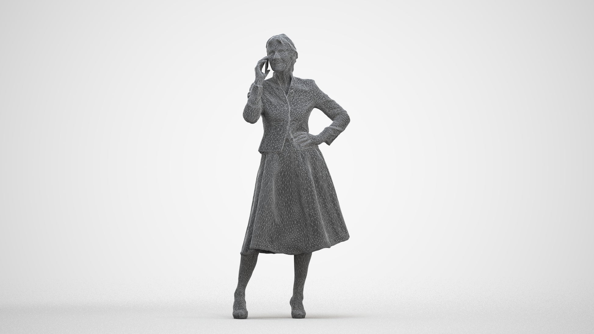 3D human model senior woman business standing, photogrammetry scanned person for archviz, three-quarter front view render