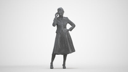 3D human model senior woman business standing, photogrammetry scanned person for archviz, three-quarter front view render