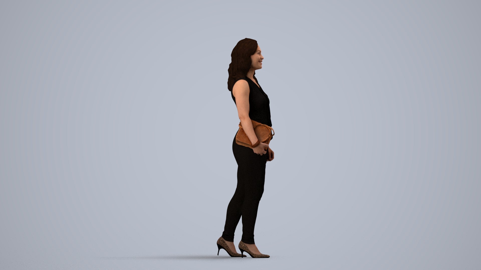 realistic 3D human woman casual standing, archviz people FBX OBJ for Blender, side view render