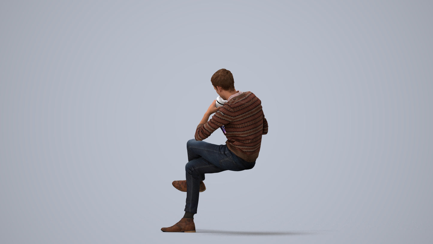 photogrammetry 3D man casual sitting, realistic human model archviz FBX, three-quarter view render