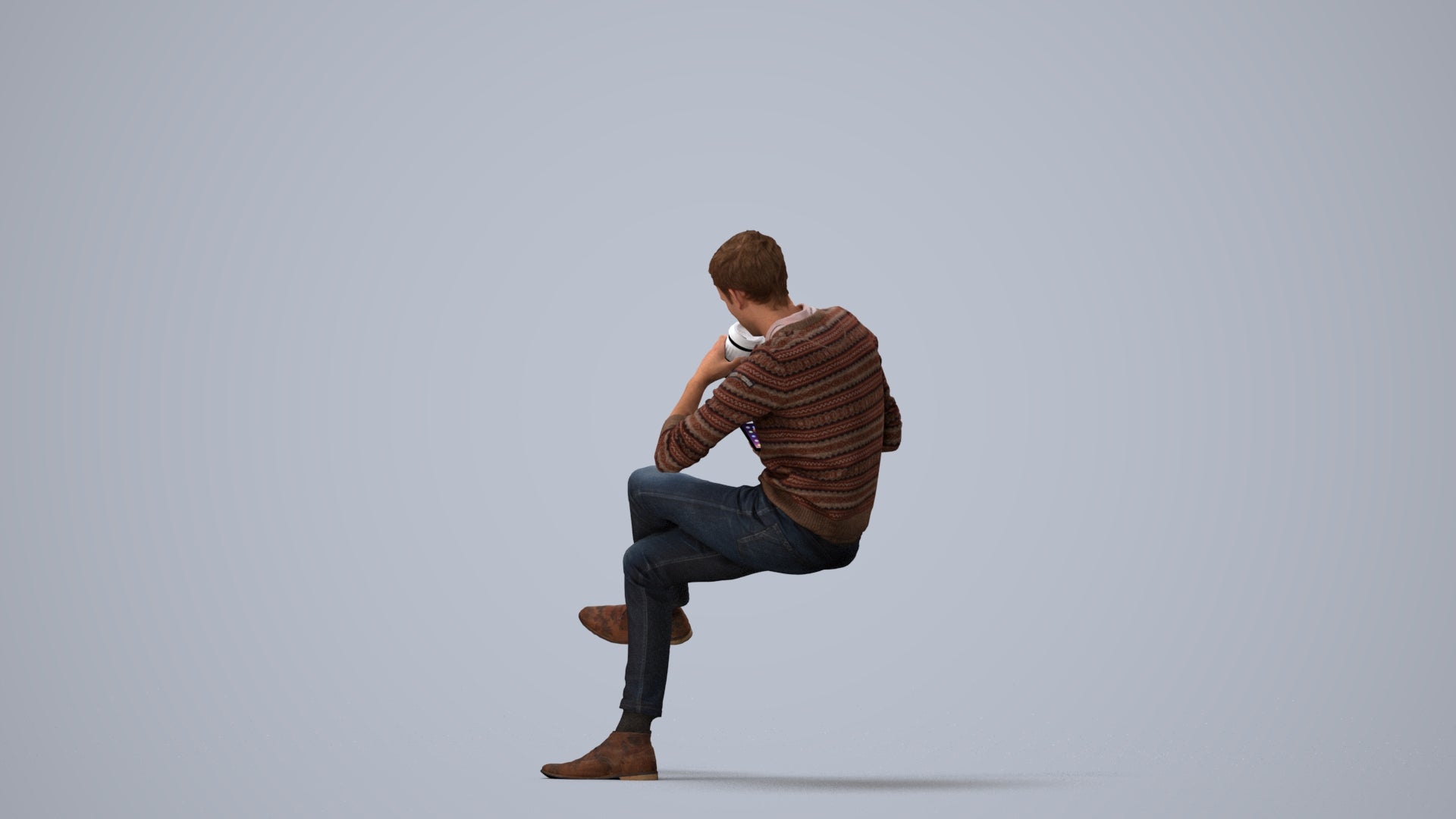 photogrammetry 3D man casual sitting, realistic human model archviz FBX, three-quarter view render