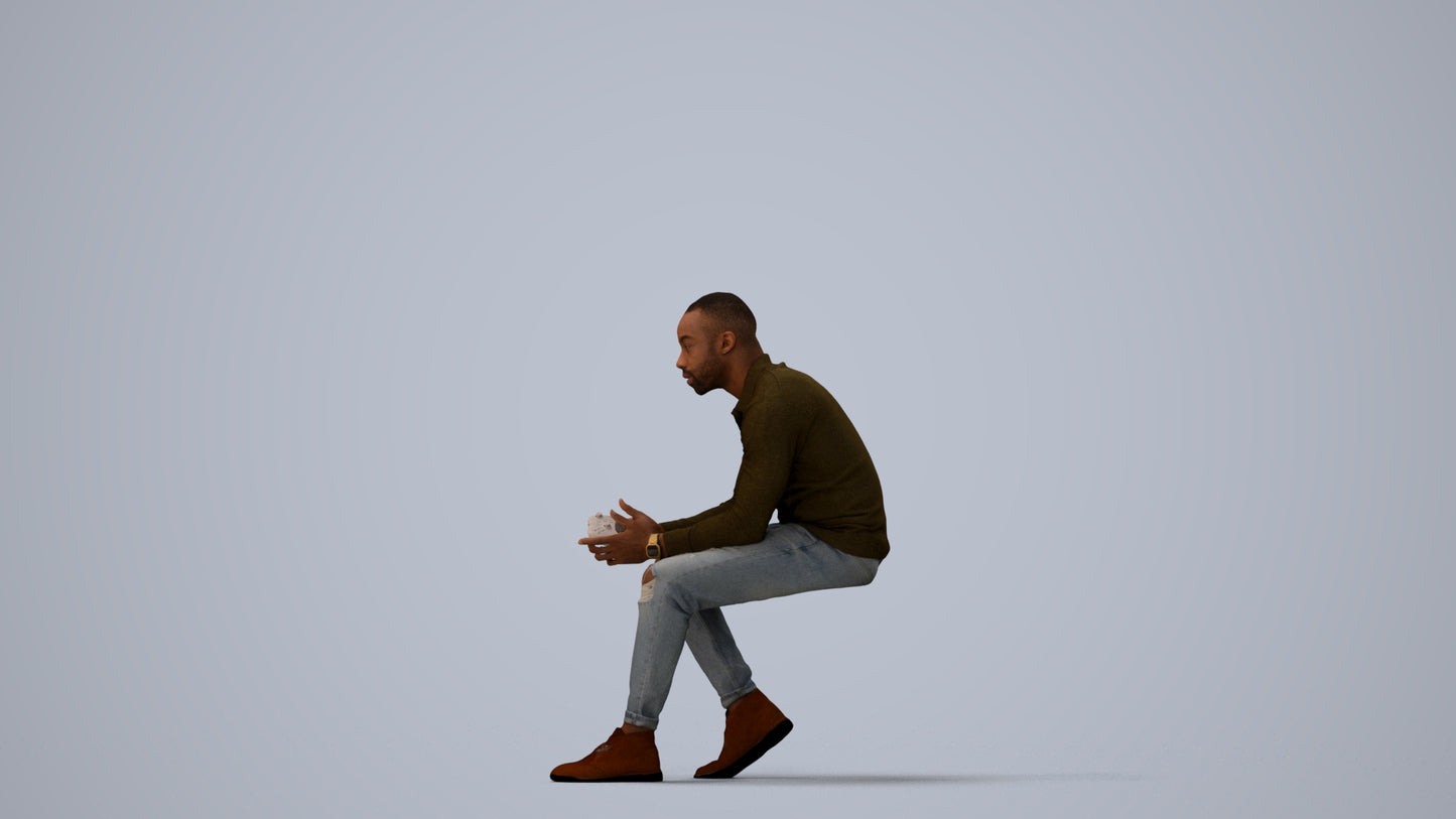 photogrammetry 3D man casual sitting, realistic human model archviz FBX, three-quarter view render