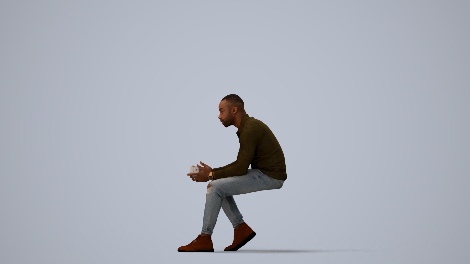 photogrammetry 3D man casual sitting, realistic human model archviz FBX, three-quarter view render