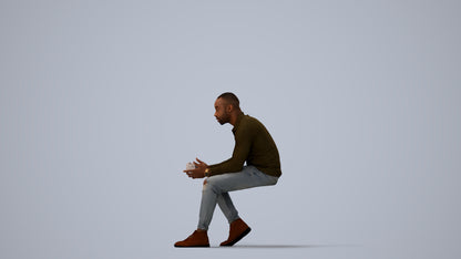 photogrammetry 3D man casual sitting, realistic human model archviz FBX, three-quarter view render