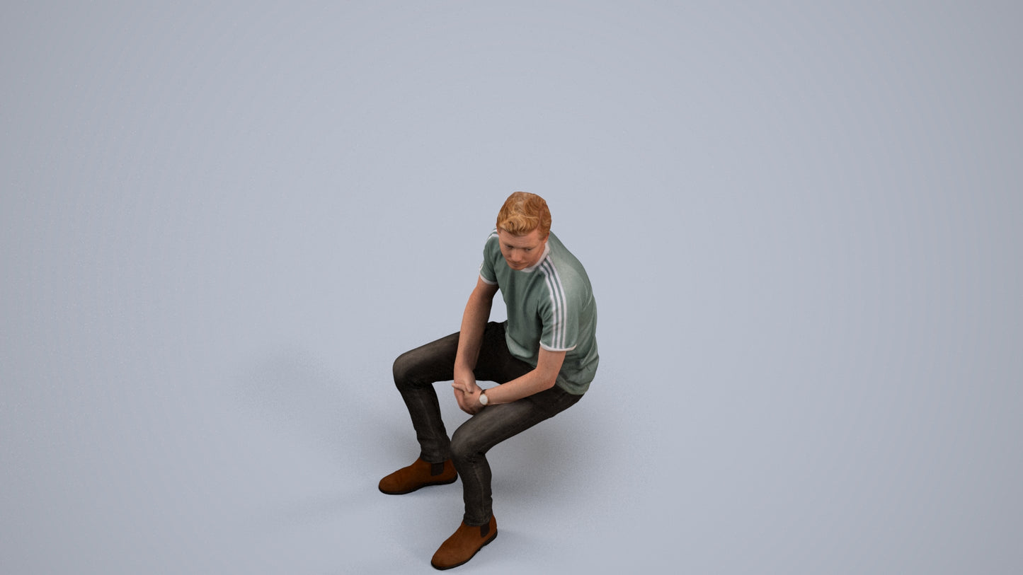 realistic 3D human man casual sitting, archviz people FBX OBJ for Blender, back view render