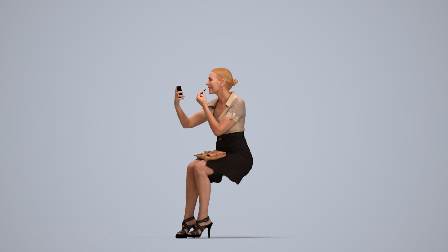 3D human model woman casual sitting, photogrammetry scanned person for archviz, top-down view render
