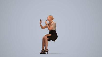 3D human model woman casual sitting, photogrammetry scanned person for archviz, top-down view render