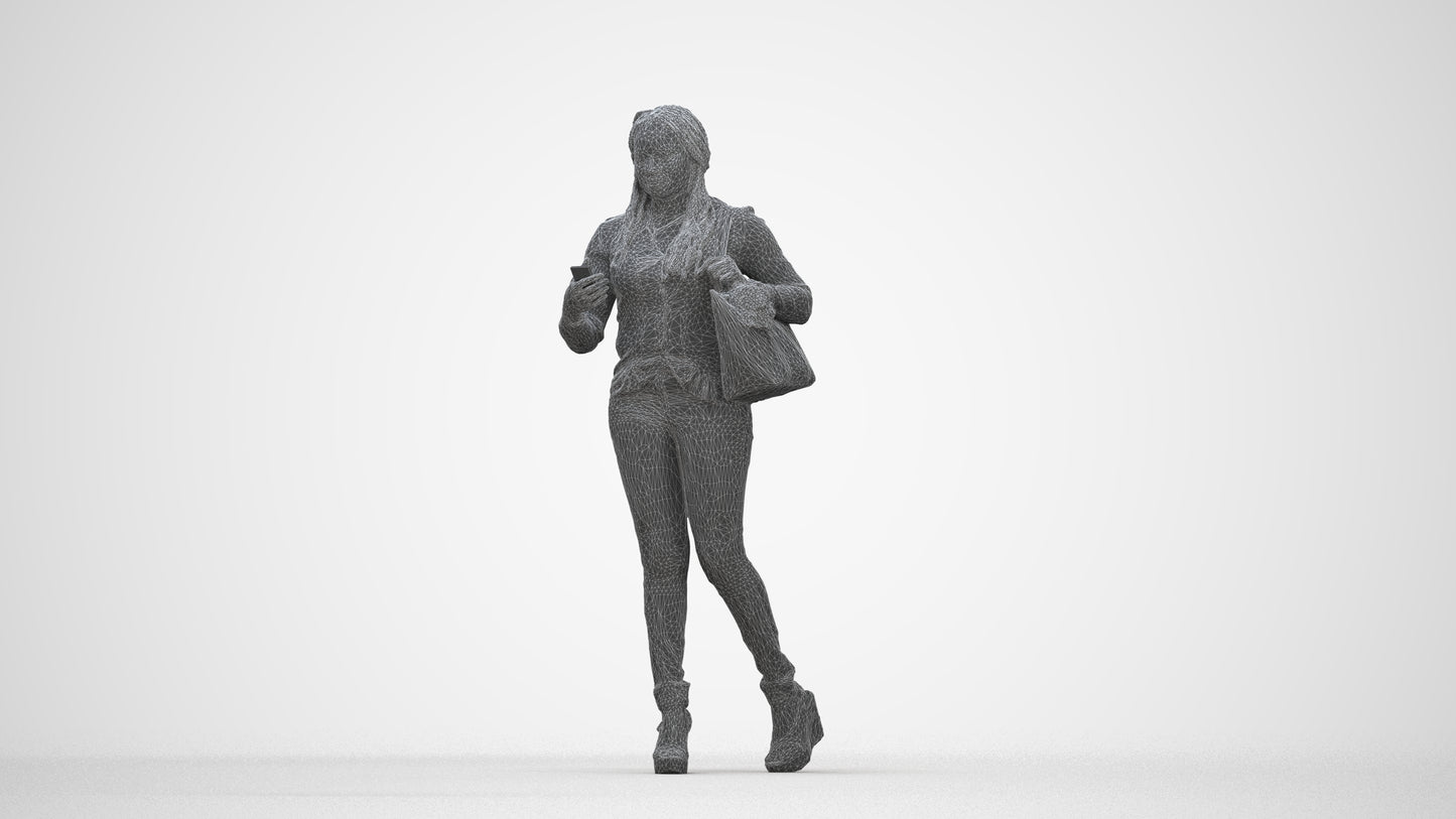 3D scanned woman walking casual, photorealistic archviz people for Enscape and SketchUp, wireframe back view