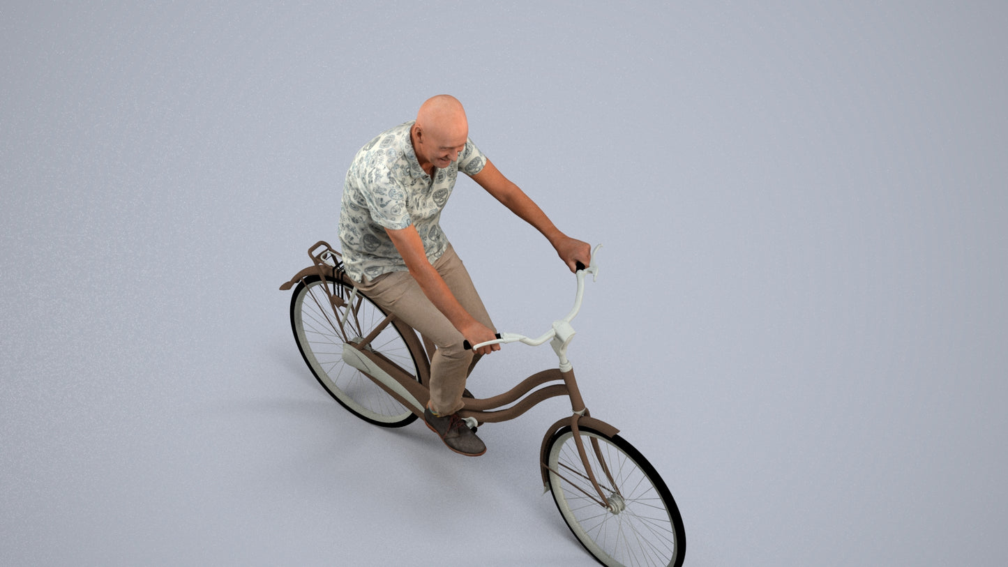 photogrammetry 3D senior man casual cycling, realistic human model archviz FBX, back view render