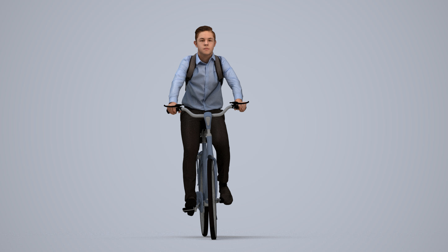 realistic 3D human boy business cycling, archviz people FBX OBJ for Blender, top-down view render