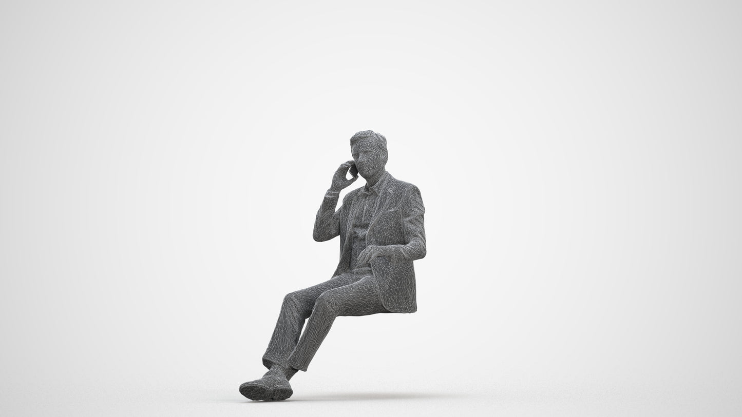 3D human model man business sitting, photogrammetry scanned person for archviz, three-quarter front view render