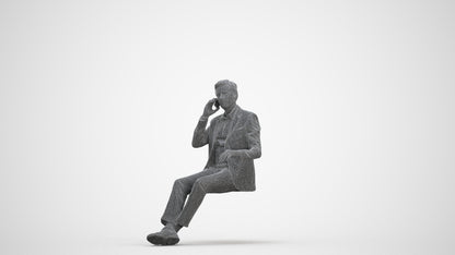 3D human model man business sitting, photogrammetry scanned person for archviz, three-quarter front view render