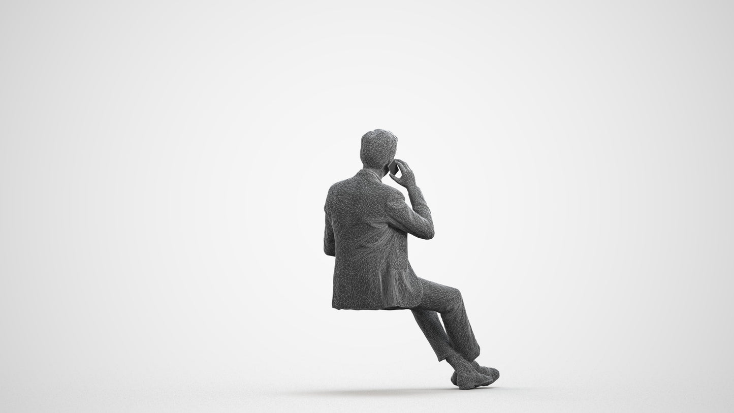 3D human model man business sitting, photogrammetry scanned person for archviz, wireframe front view
