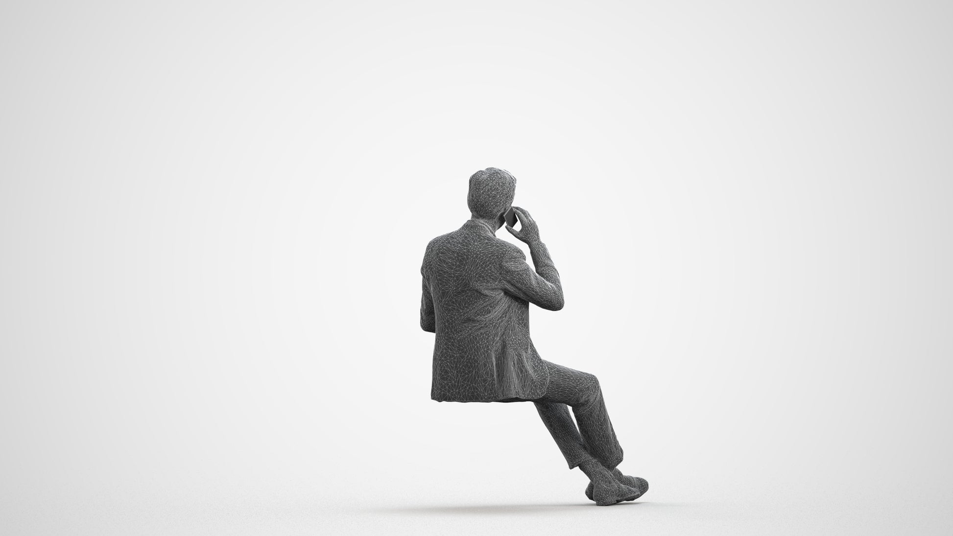 3D human model man business sitting, photogrammetry scanned person for archviz, wireframe front view