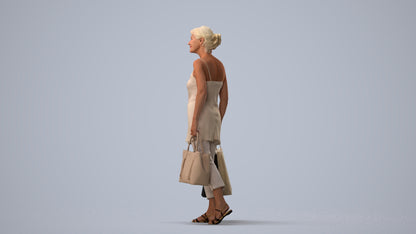 3D human model senior woman casual shopping, photogrammetry scanned person for archviz, three-quarter view render