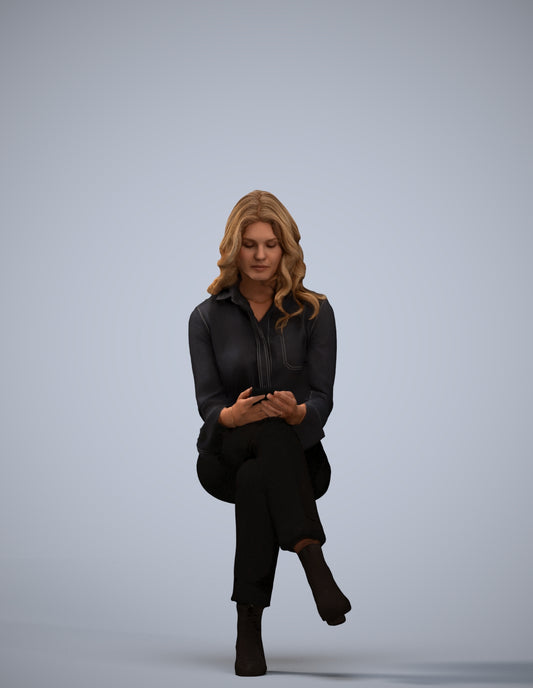 3D human model woman business sitting, photogrammetry scanned person for archviz