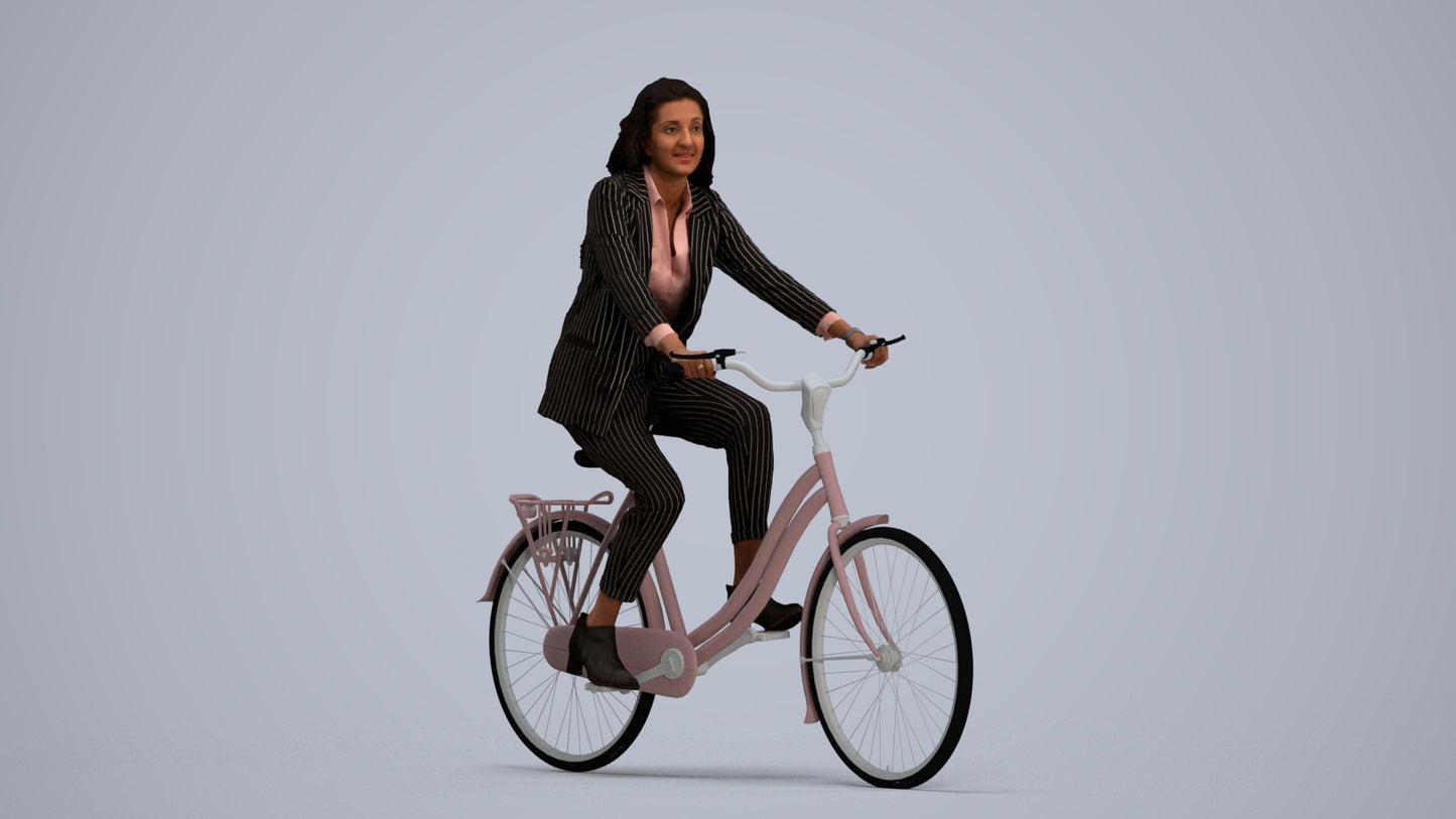 photogrammetry 3D woman business cycling, realistic human model archviz FBX, standing pose render