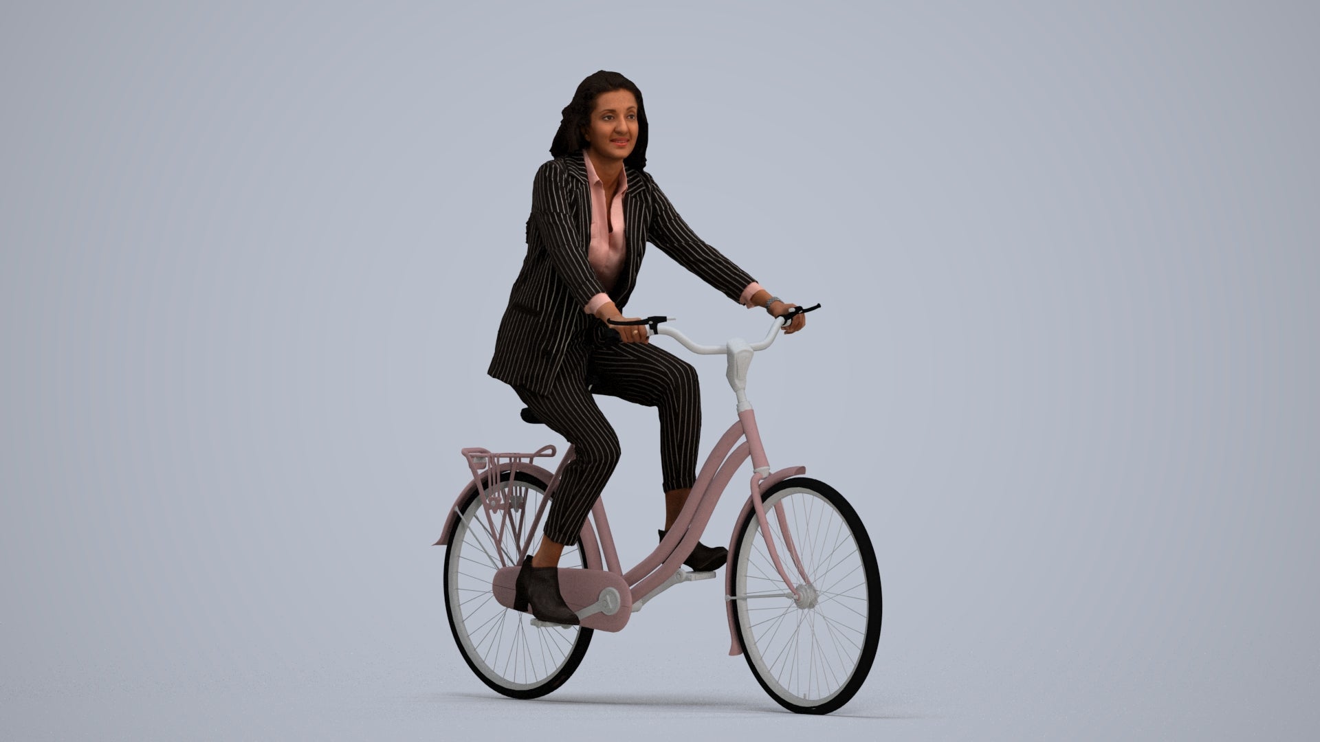 photogrammetry 3D woman business cycling, realistic human model archviz FBX, standing pose render