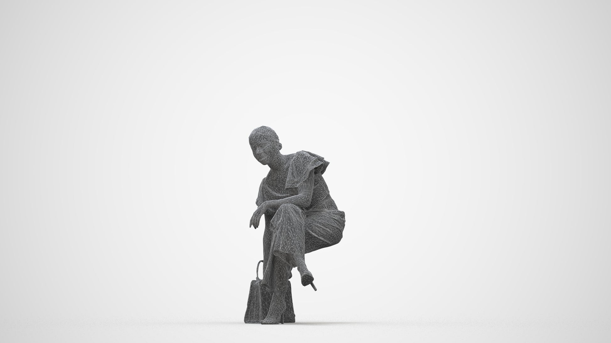 realistic 3D human woman casual sitting, archviz people FBX OBJ for Blender, wireframe back view