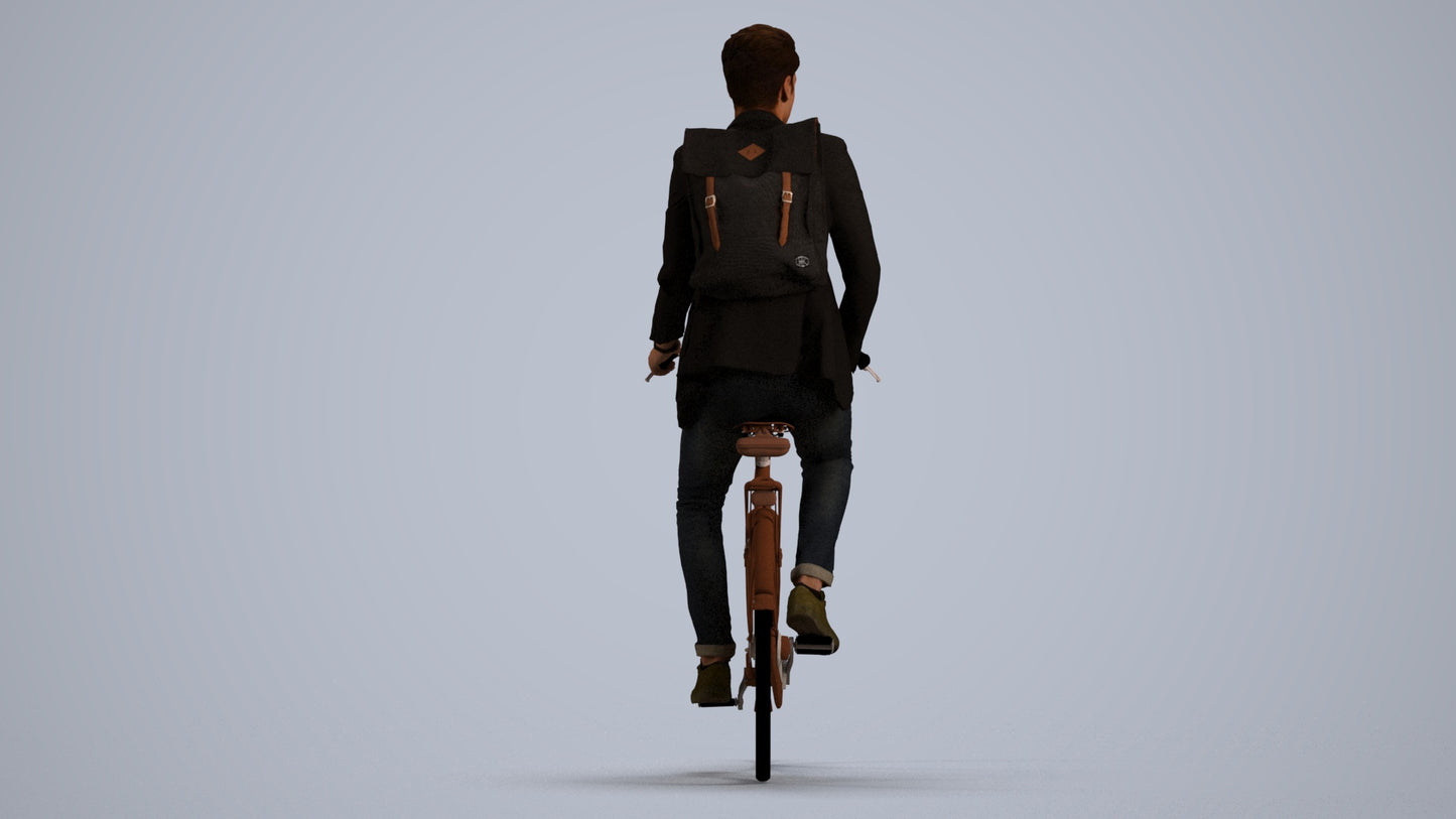realistic 3D man casual cycling, scanned archviz people for Blender and 3ds Max, front view render