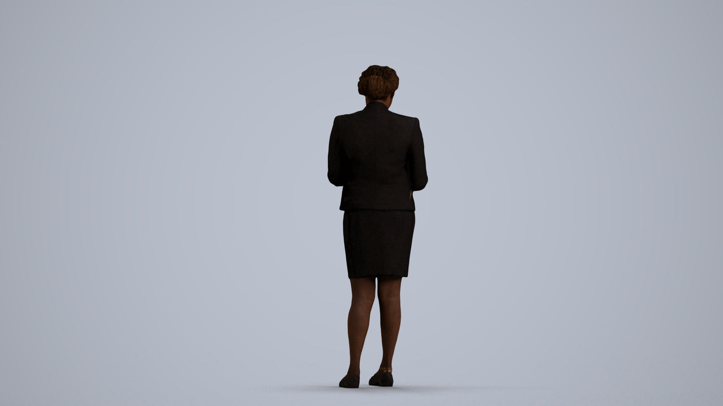 3D human model woman business standing, photogrammetry scanned person for archviz, front view render