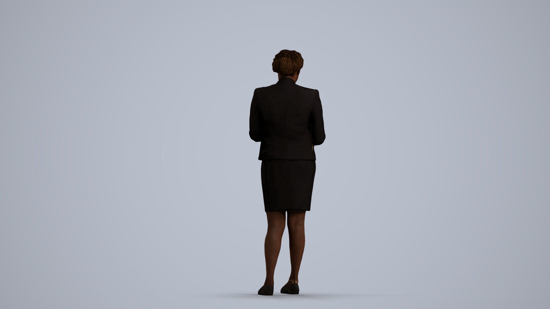 3D human model woman business standing, photogrammetry scanned person for archviz, front view render