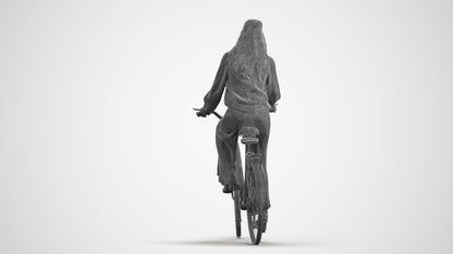 3D human model woman casual cycling, photogrammetry scanned person for archviz, wireframe front view