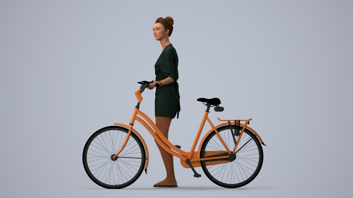 scanned 3D woman casual cycling, photogrammetry people for Enscape and V-Ray, three-quarter view render