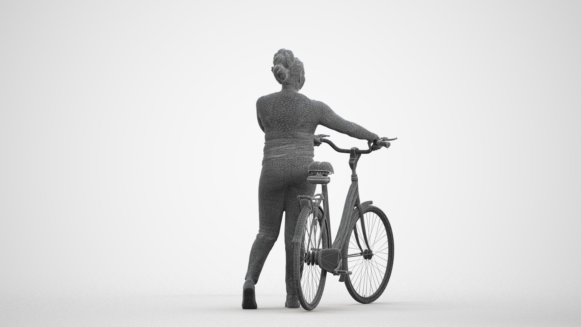 realistic 3D woman casual cycling, scanned archviz people for Blender and 3ds Max, wireframe front view