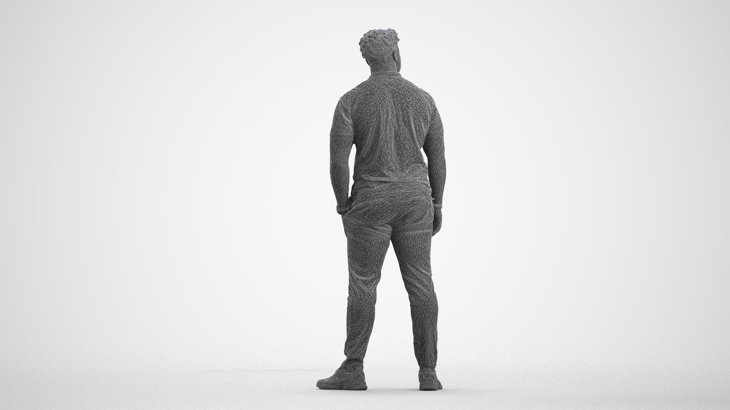 3D human model man casual standing, photogrammetry scanned person for archviz, wireframe front view