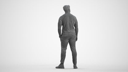3D human model man casual standing, photogrammetry scanned person for archviz, wireframe front view