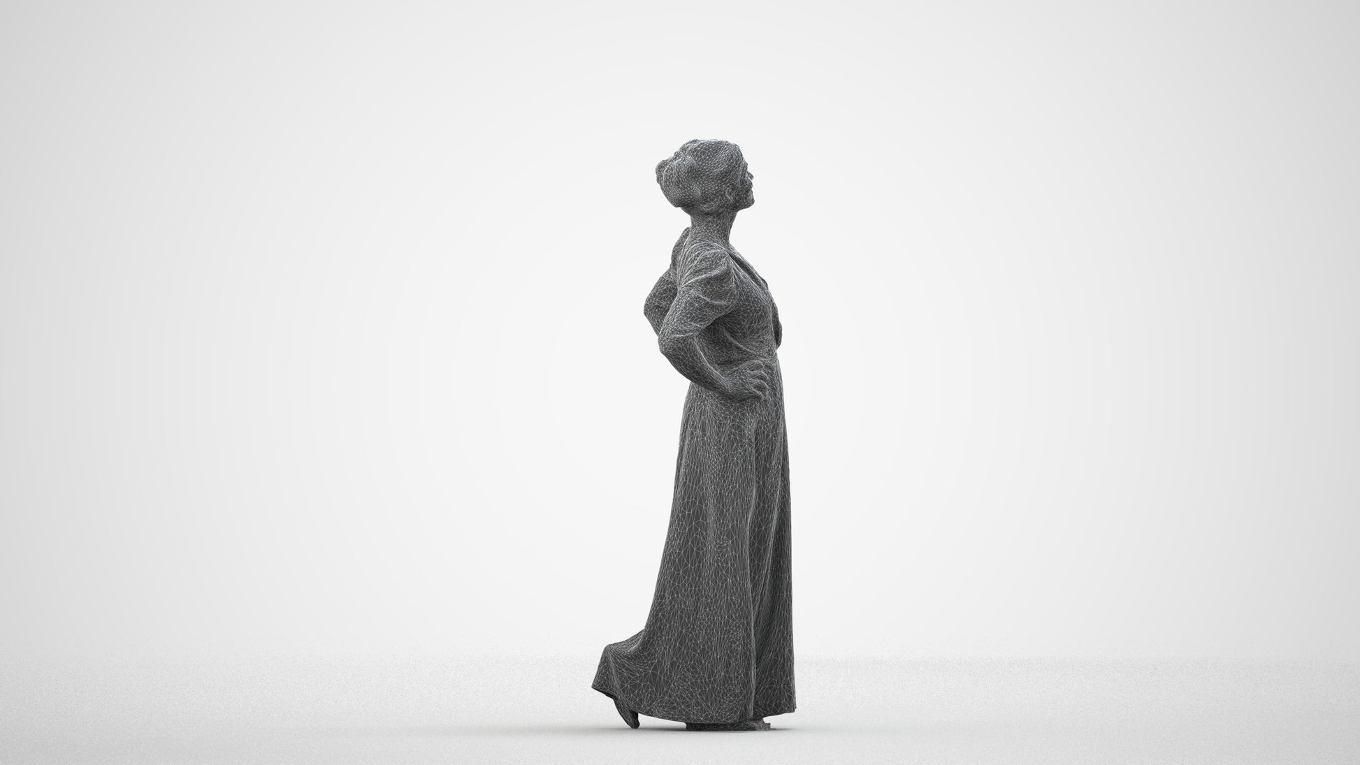 3D scanned woman standing casual, photorealistic archviz people for Enscape and SketchUp, wireframe side view